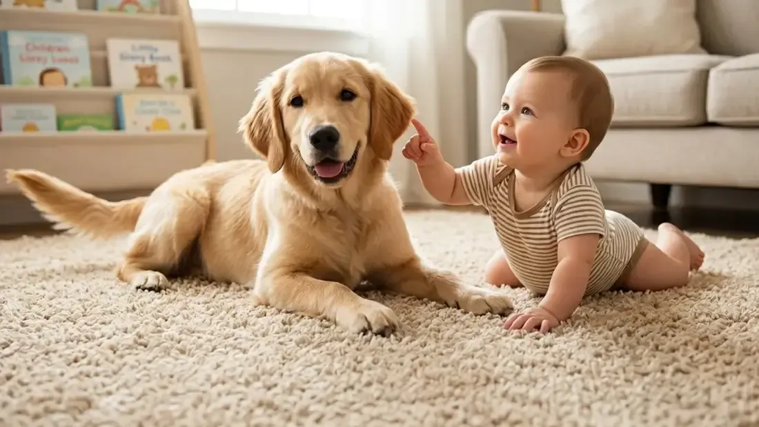 Golden retriever and baby on a freshly cleaned carpet