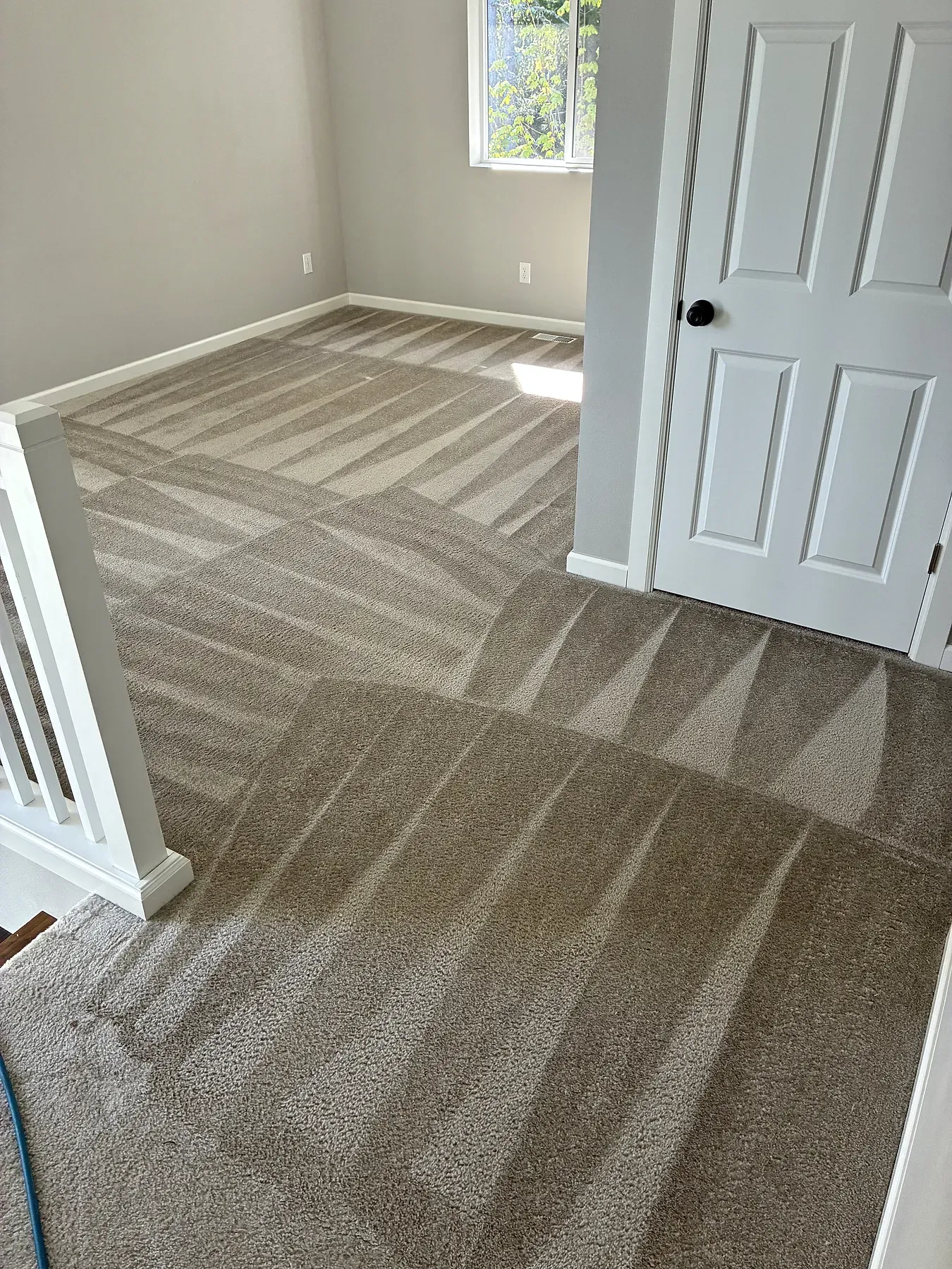 Upstairs loft carpet freshly cleaned, leading to a bedroom